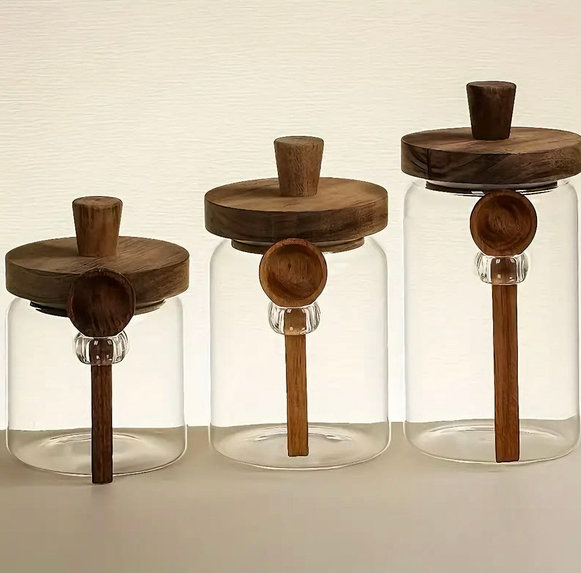 3-Piece Glass Storage Jars with Wooden Lids & Spoons | Pantry Jars for Coffee, Tea & Grains