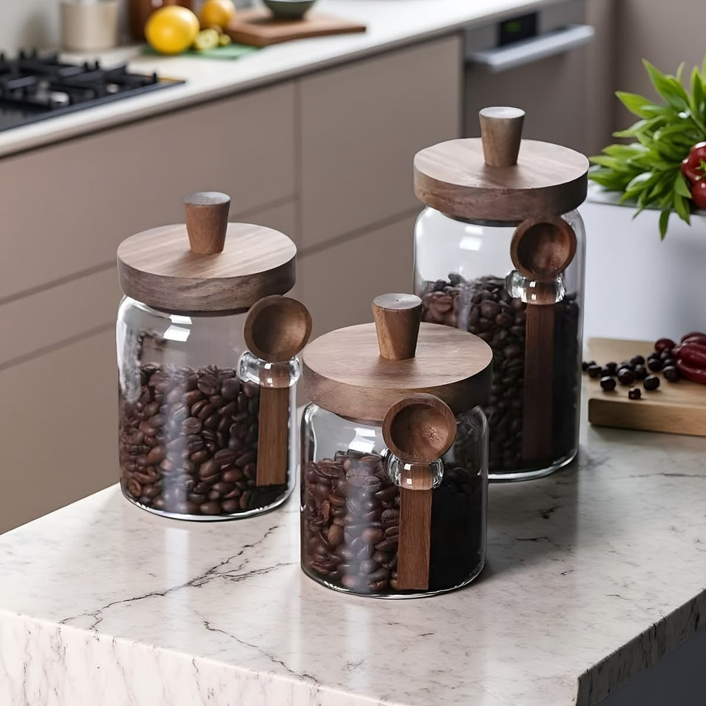 3-Piece Glass Storage Jars with Wooden Lids & Spoons | Pantry Jars for Coffee, Tea & Grains