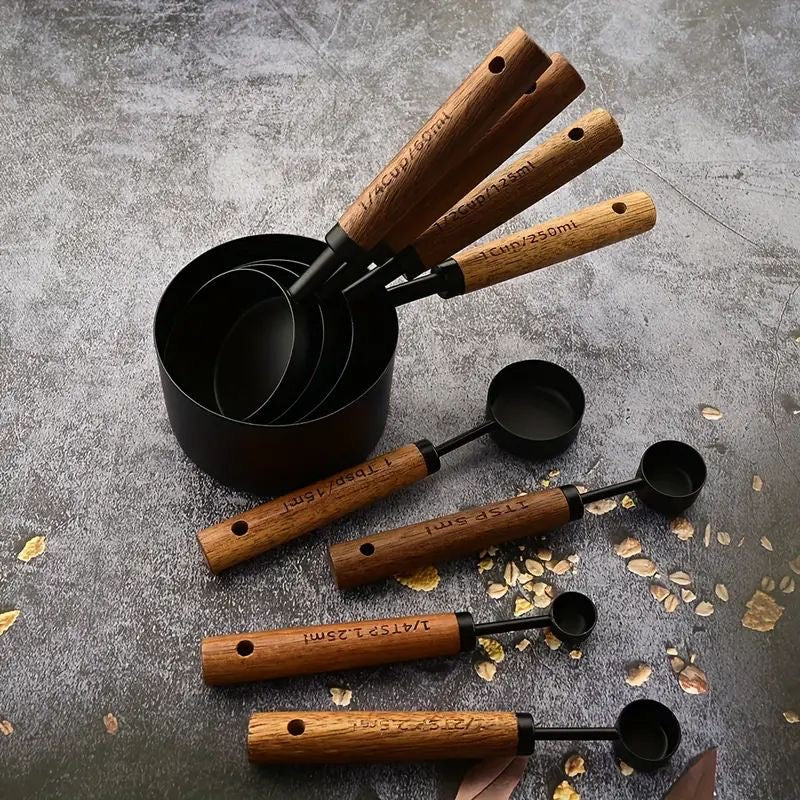 8-Piece Stainless Steel Measuring Cups & Spoons Set | Black Wooden Handle Baking Tools