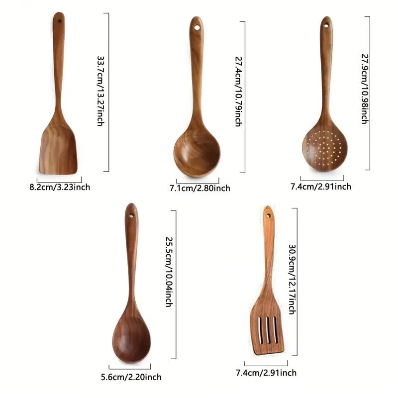 5-Piece Natural Teak Wood Cooking Utensil Set | Spatula, Ladle, Skimmer & Wok Turner
