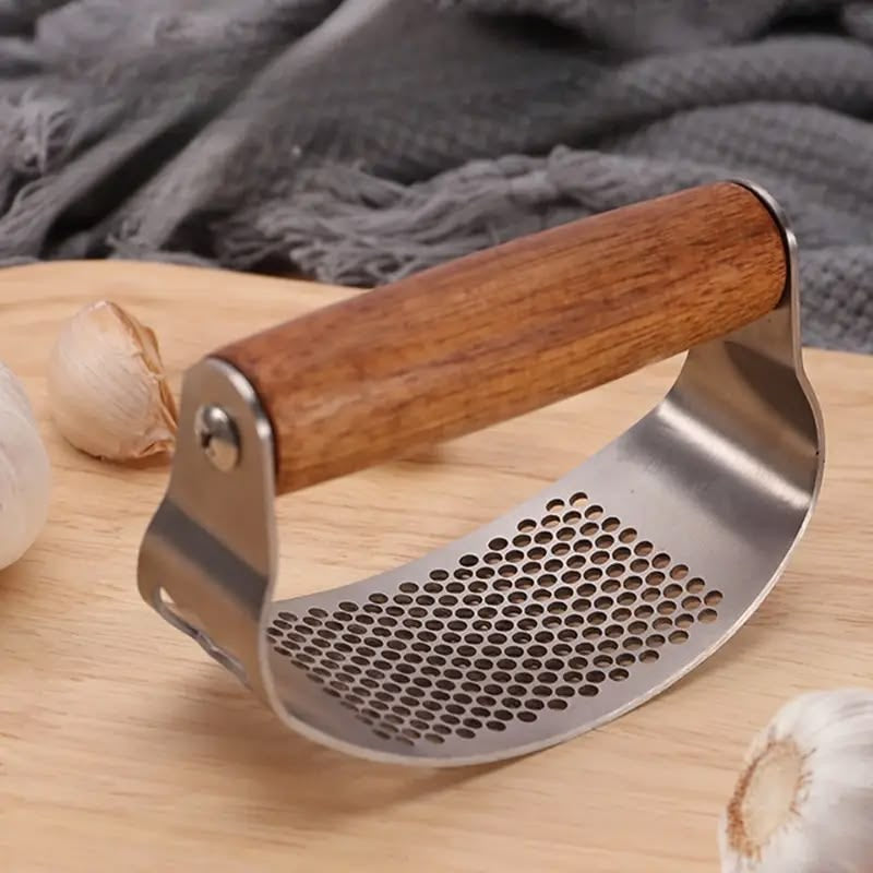 Stainless Steel Garlic Crusher with Wooden Grip & Bottle Opener | Manual Garlic Press
