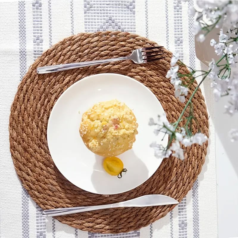 Woven Placemats Set of 10 | Round Rattan & Water Hyacinth Table Mats