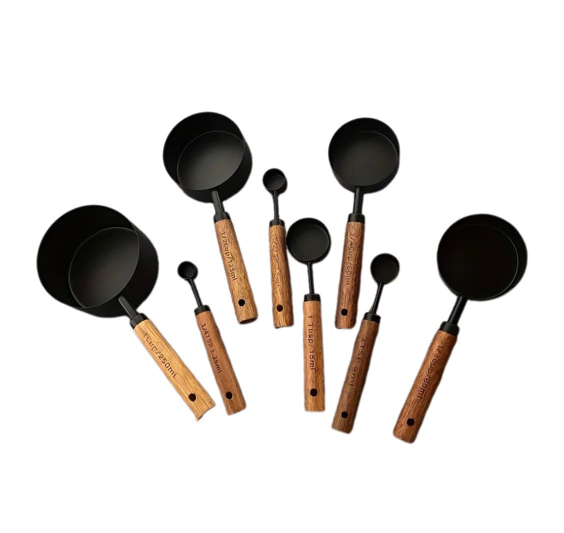 8-Piece Stainless Steel Measuring Cups & Spoons Set | Black Wooden Handle Baking Tools