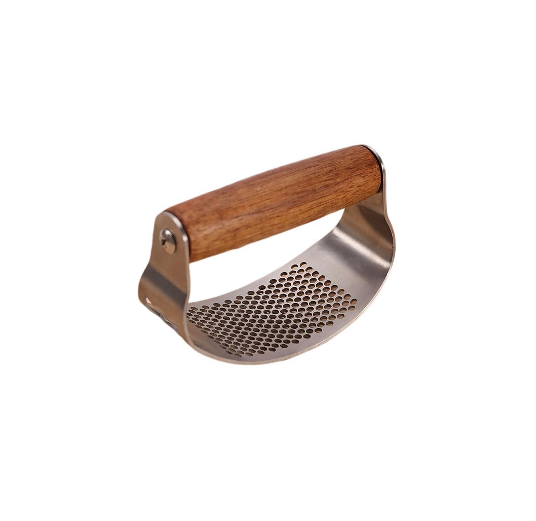 Stainless Steel Garlic Crusher with Wooden Grip & Bottle Opener | Manual Garlic Press