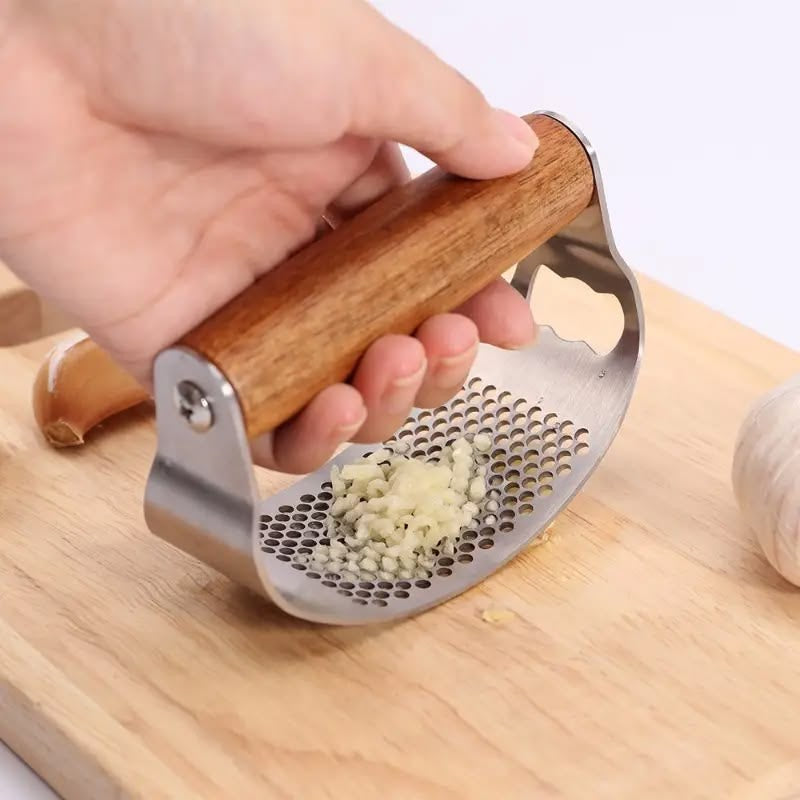 Stainless Steel Garlic Crusher with Wooden Grip & Bottle Opener | Manual Garlic Press