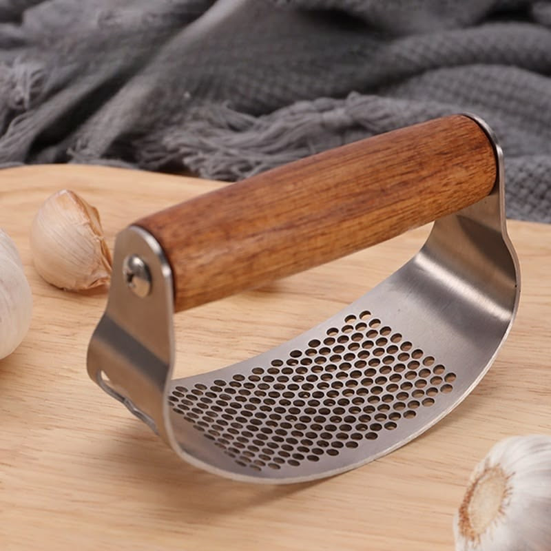 Stainless Steel Garlic Crusher with Wooden Grip & Bottle Opener | Manual Garlic Press