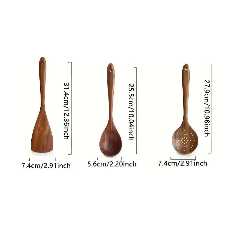 5-Piece Natural Teak Wood Cooking Utensil Set | Spatula, Ladle, Skimmer & Wok Turner
