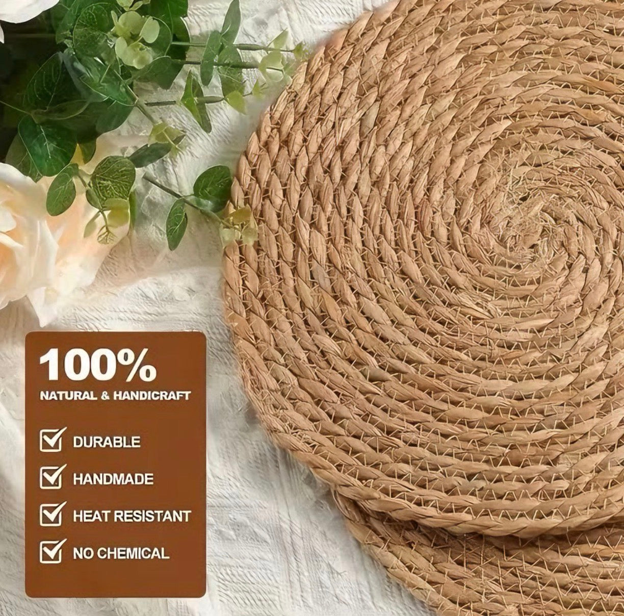 Woven Placemats Set of 10 | Round Rattan & Water Hyacinth Table Mats