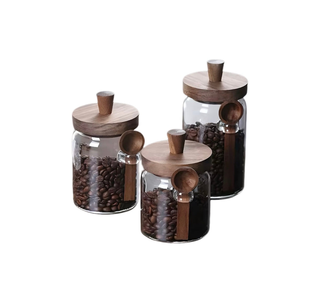 3-Piece Glass Storage Jars with Wooden Lids & Spoons | Pantry Jars for Coffee, Tea & Grains