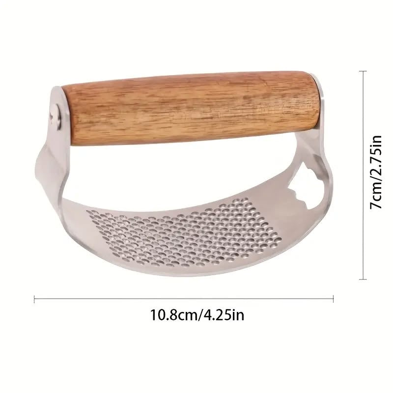 Stainless Steel Garlic Crusher with Wooden Grip & Bottle Opener | Manual Garlic Press