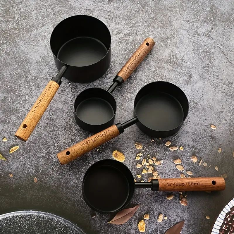 8-Piece Stainless Steel Measuring Cups & Spoons Set | Black Wooden Handle Baking Tools