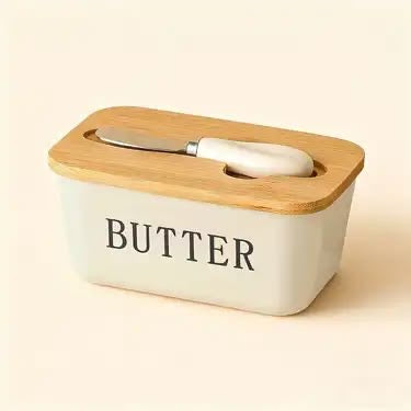 Butter Dish with Wooden Lid and Butter Knife