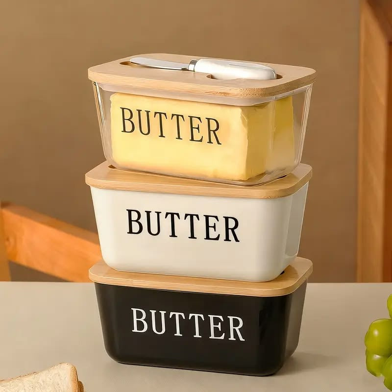 Butter Dish with Wooden Lid and Butter Knife
