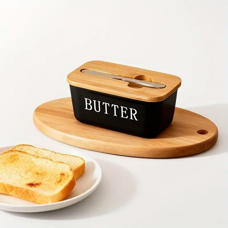 Butter Dish with Wooden Lid and Butter Knife